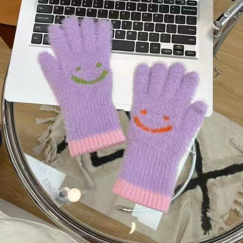 Women's Touch Screen Plush Smiley Face Warm With Gloves