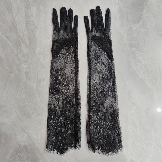 Super Fairy Black Lace Tulle Long Wedding Gloves