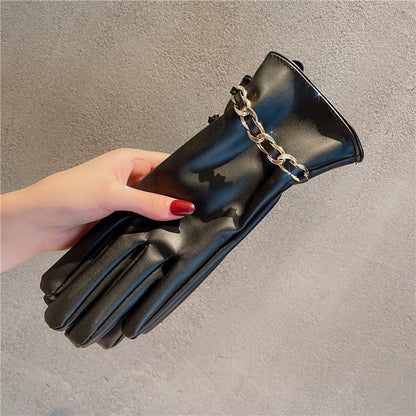 Women's Fleece-lined Metal Buckle Elegant Protein Leather Five Finger Gloves