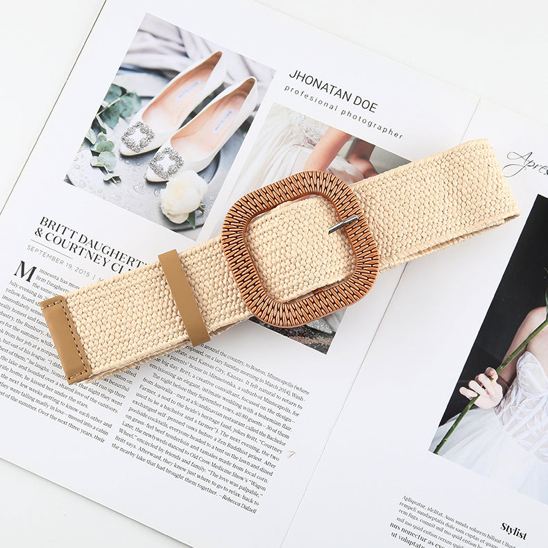 Women's Straw Woven Round Square Buckle Dress Belts