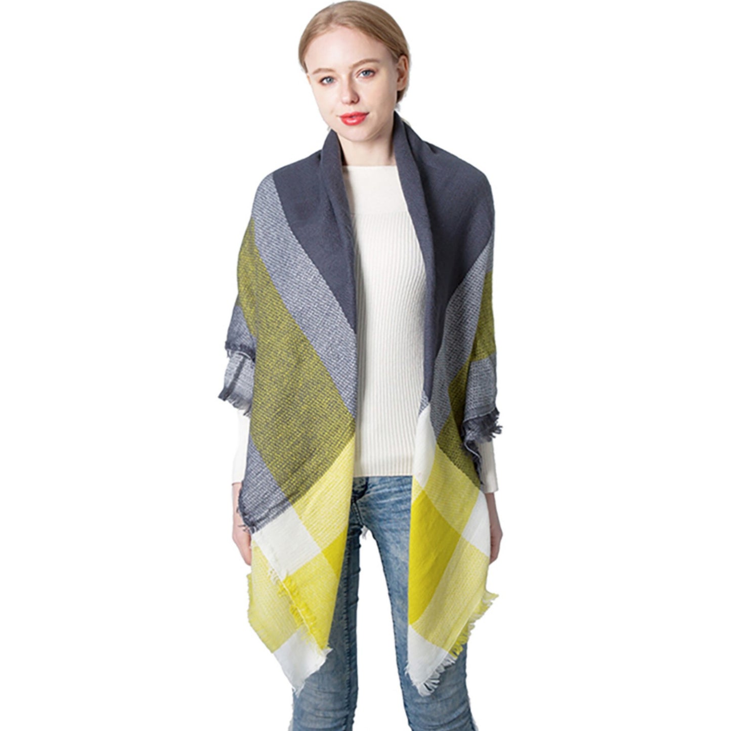 Women's Yellow Gray Large Plaid Square Double-sided Scarfs