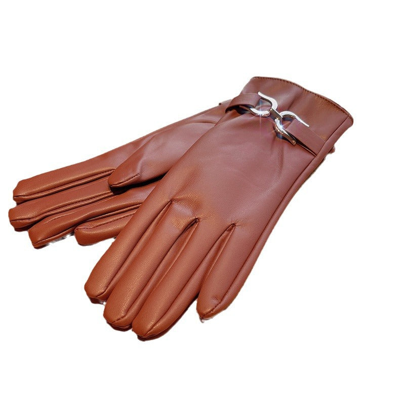 Women's Fleece-lined Metal Buckle Elegant Protein Leather Five Finger Gloves