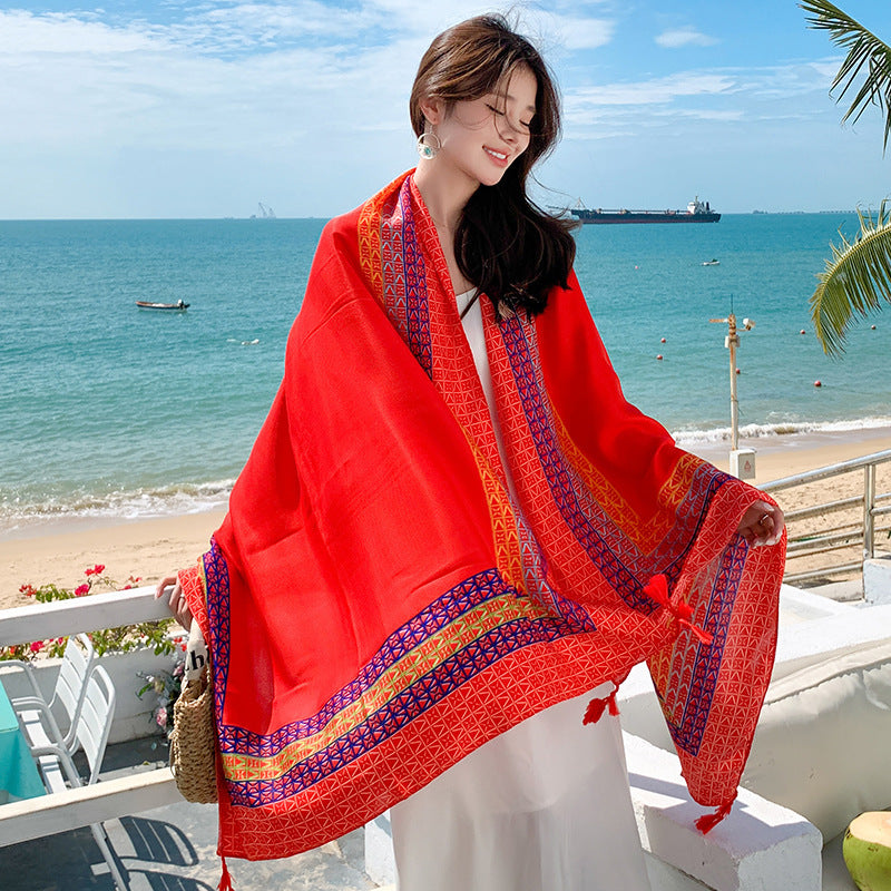 Women's Sunscreen Shawl Yunnan Grassland Travel Wear Silk Seaside Scarfs