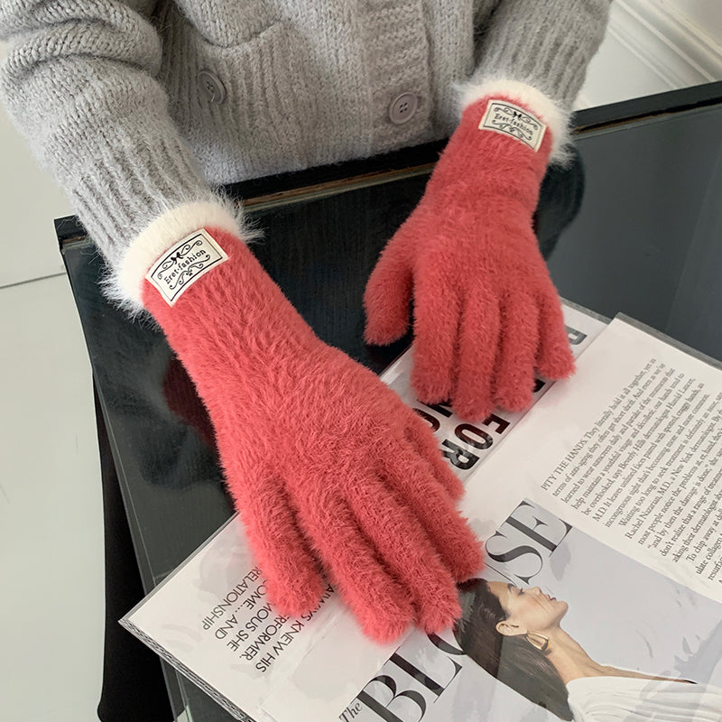 Plush Open Finger Touch Screen Five Female Winter Gloves