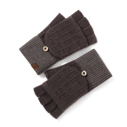 Women's Half Finger Flip Knitted Winter Cute Fleece-lined Outdoor Warm Gloves