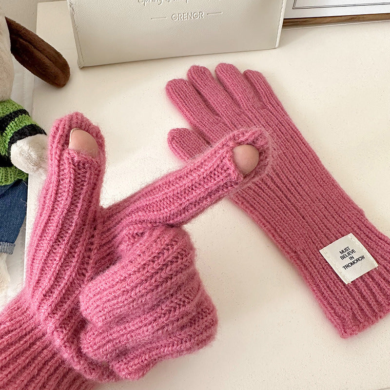 Women's Winter Solid Color Knitted Korean Style Thickened Touch Gloves