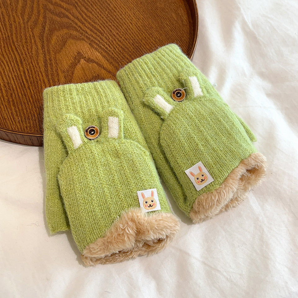 Half Finger Winter Flip Double Layer Fleece-lined Gloves