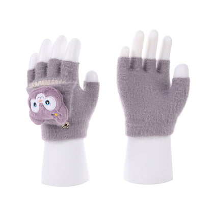 Men's Winter Cashmere Half Finger Flip Cartoon Cute Gloves