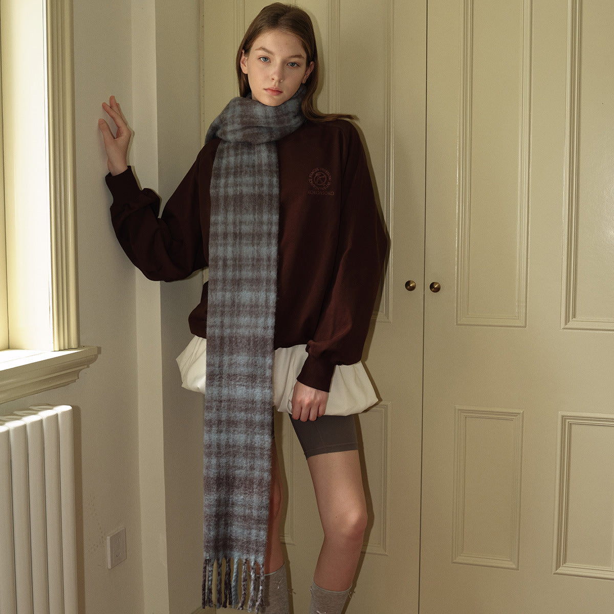 Designer Model Vintage Neutral Wool Blend Plaid Unisex Winter Scarfs