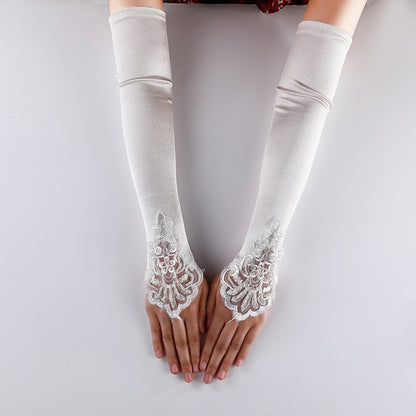 Bridal Wedding Dress Lengthened Fingerless Beaded Small Embroidery Flat Gloves