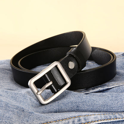 Women's & Men's Thin Narrow Black Versatile Decorative Width Jeans Genuine Leather Belts