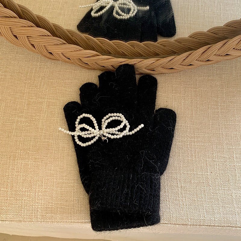 Women's Pearl Bow With Angora Winter Warm Gloves