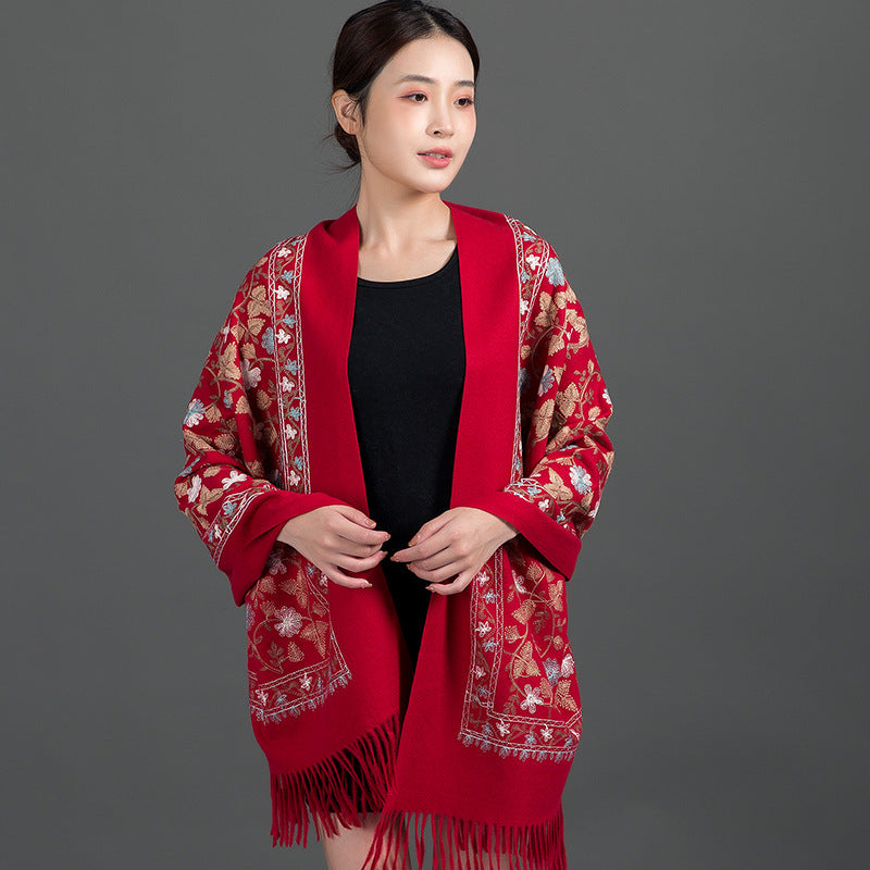 Red Embroidery Cashmere Female Cheongsam Air Scarfs