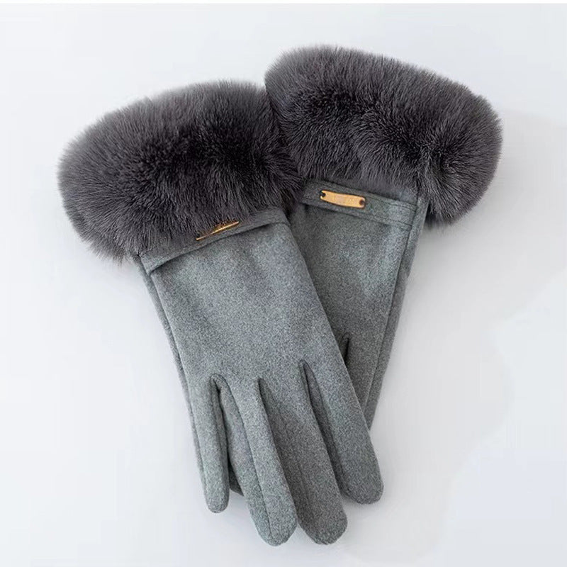 Women's Fleece-lined Thick Cute Windproof Plush Angora Cycling Driving Warm Gloves