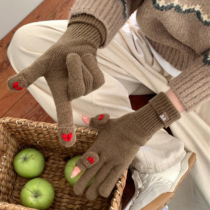 Love Embroidered Female Open Finger Touch Gloves