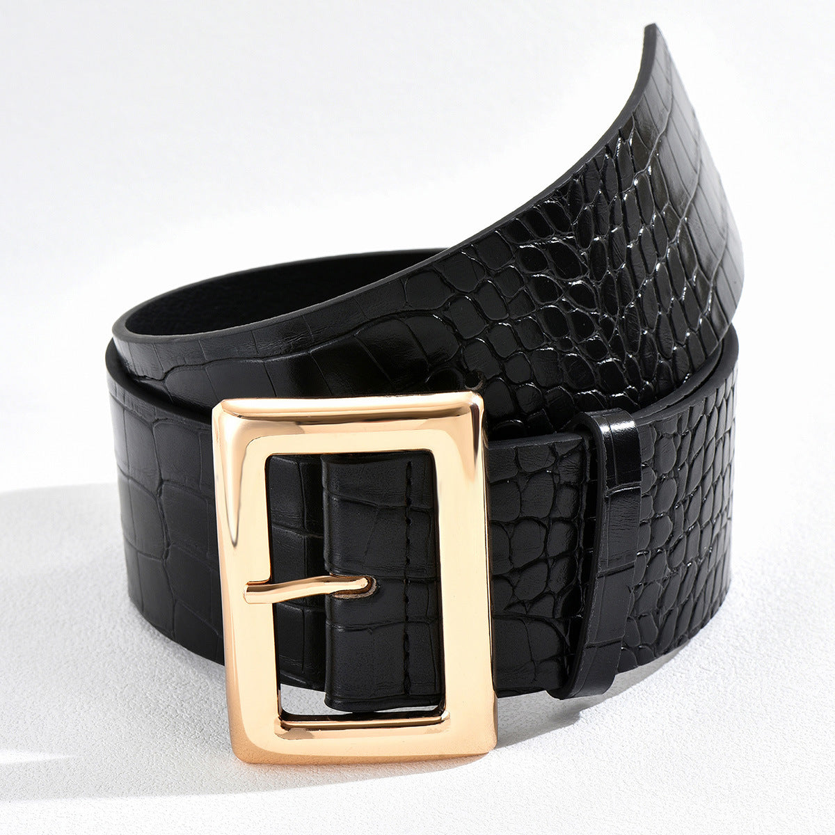 Women's Black Large Buckle Square Fashion Crocodile Pattern Elegant Belts