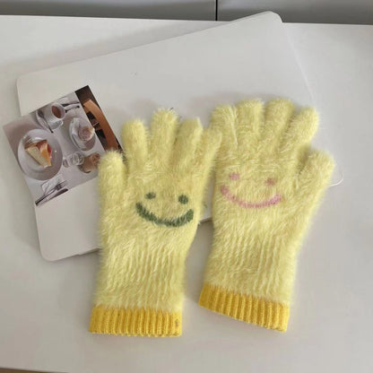 Women's Touch Screen Plush Smiley Face Warm With Gloves