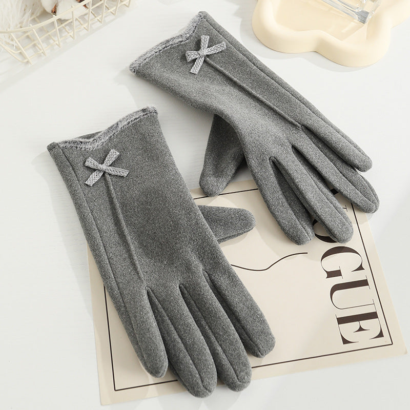 Women's Angora Fleece-lined Bow Outdoor Driving Cycling Sports Cute Gloves