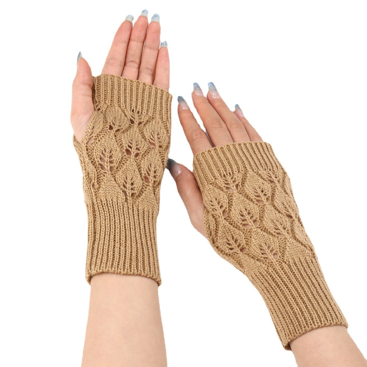 Women's & Men's Short Leaf Knitted Fingerless Wool Keep Gloves