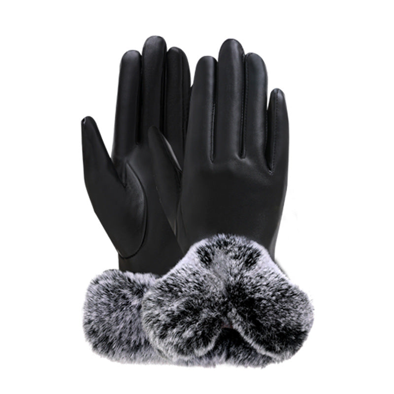 Women's Leather Touch Rex Rabbit Fur Mouth Gloves