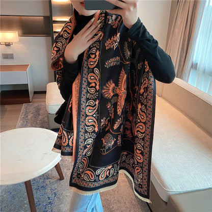 Women's Version Retro Ethnic Style Blue Bird Winter High-grade Scarfs