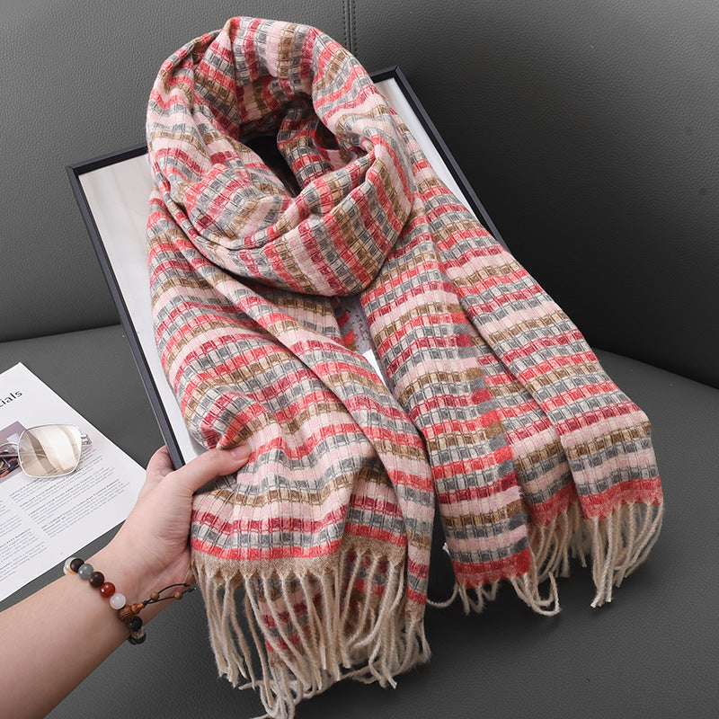 Women's Colorful Small Plaid Tassel Design Warm Scarfs