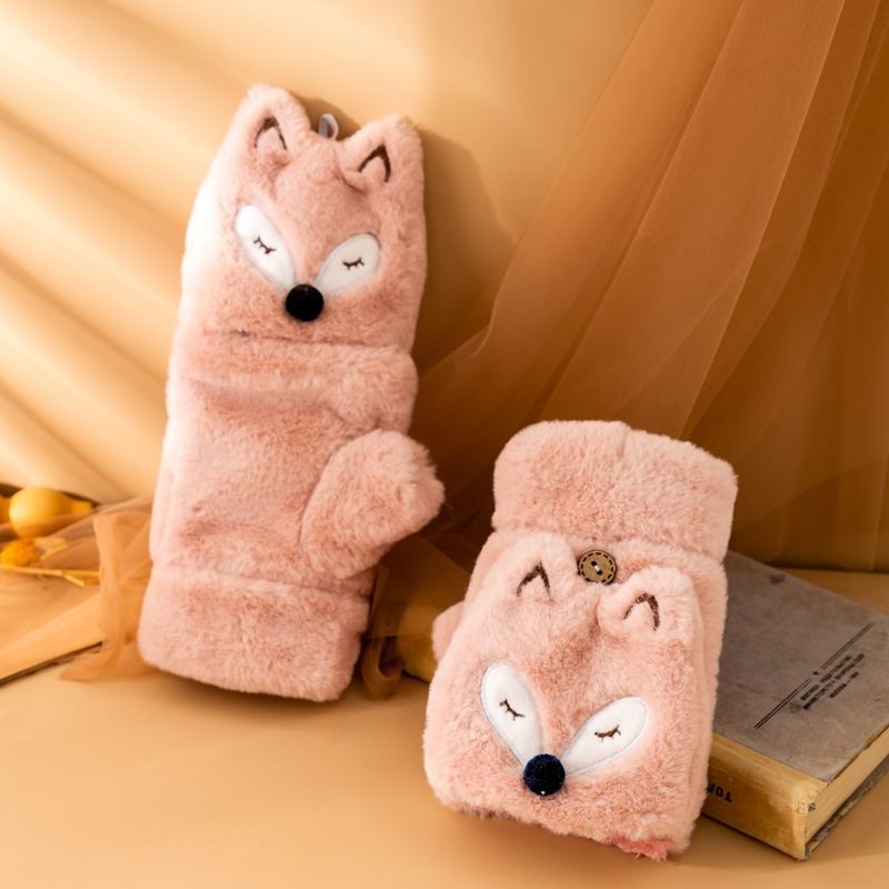 Fleece-lined Thickened Cartoon Cute Korean Style Little Fox Open Gloves