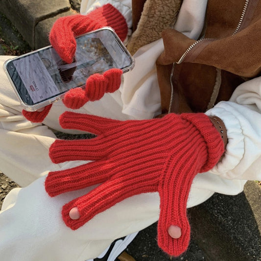 Women's Woolen Knitted Labeling Winter Warm Red Open Gloves