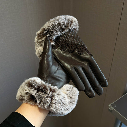 Women's Fleece-lined Metal Buckle Elegant Protein Leather Five Finger Gloves