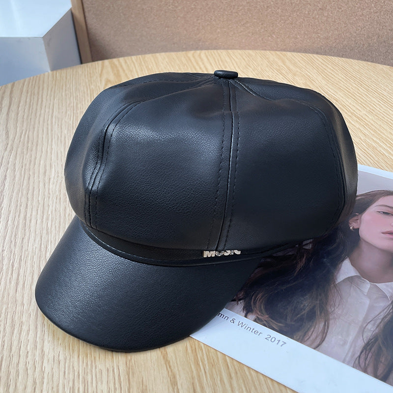 Women's Metal Label Painter Retro Leather Octagonal Style Hats & Caps