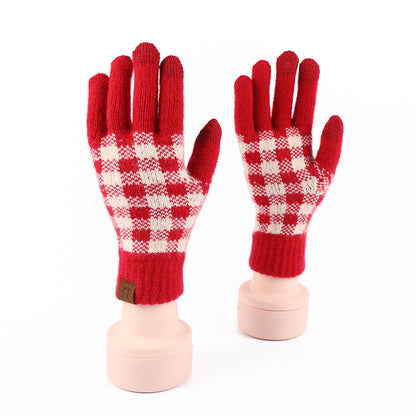 Wool Knitted Plaid Fleece-lined Thickened Cycling Five-finger Gloves