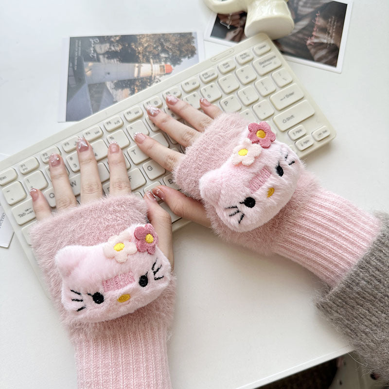 Half Finger Cartoon Knitted Bracers Thick Gloves