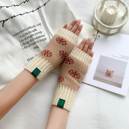 Female Winter Cute Christmas Snowflake Knitted Gloves