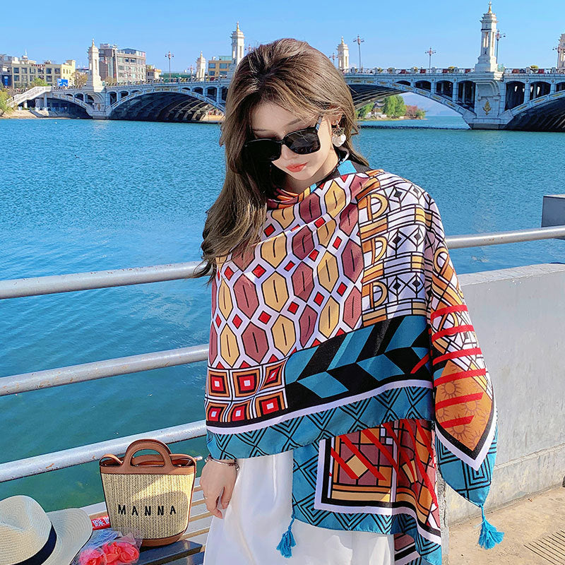 Women's Sunscreen Shawl Yunnan Grassland Travel Wear Silk Seaside Scarfs