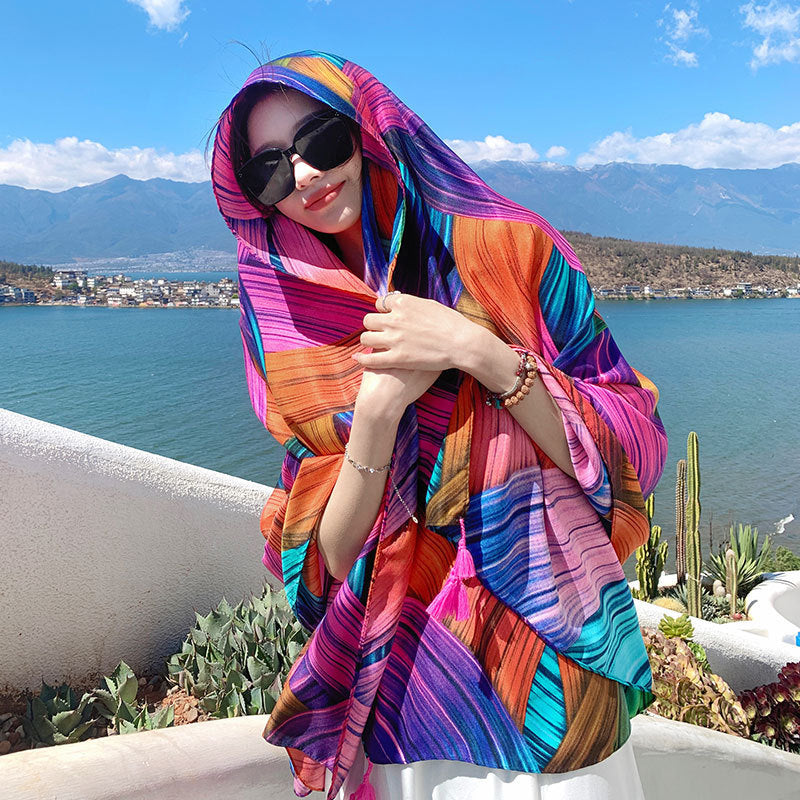 Women's Sunscreen Shawl Yunnan Grassland Travel Wear Silk Seaside Scarfs