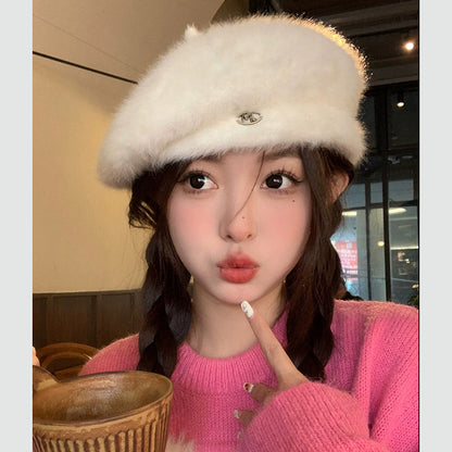 Plush White Beret Female Korean Style Elegance Hats & Caps