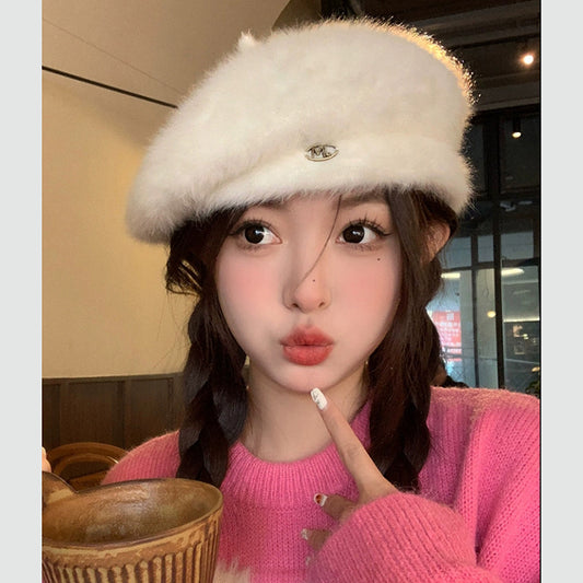 Plush White Beret Female Korean Style Elegance Hats & Caps