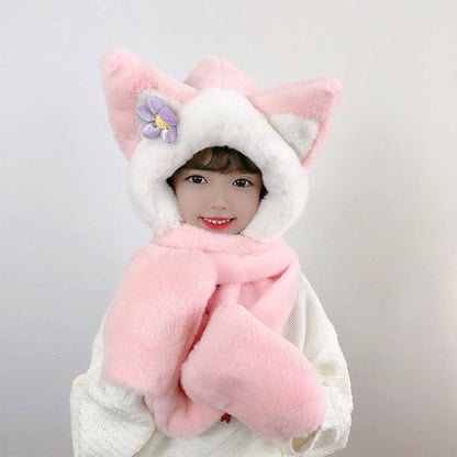 Women's Cute Bear Ear Hat Integrated Hooded Three-piece Kids' Headwear