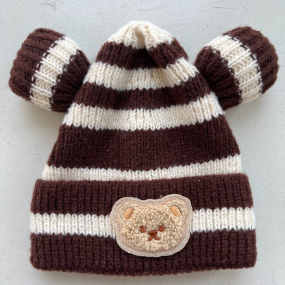 Children's Style Knitted Hat Boys Striped Bear Woolen Kids' Headwear