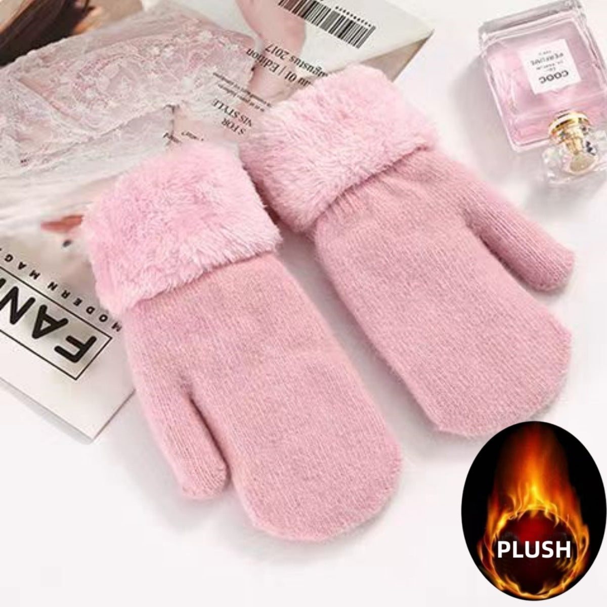 Women's Thick Angora Wool Warm Fashion Double Solid Gloves