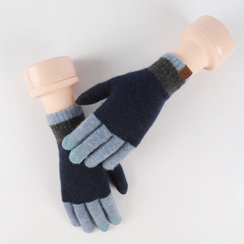 Wool Knitted Plaid Fleece-lined Thickened Cycling Five-finger Gloves