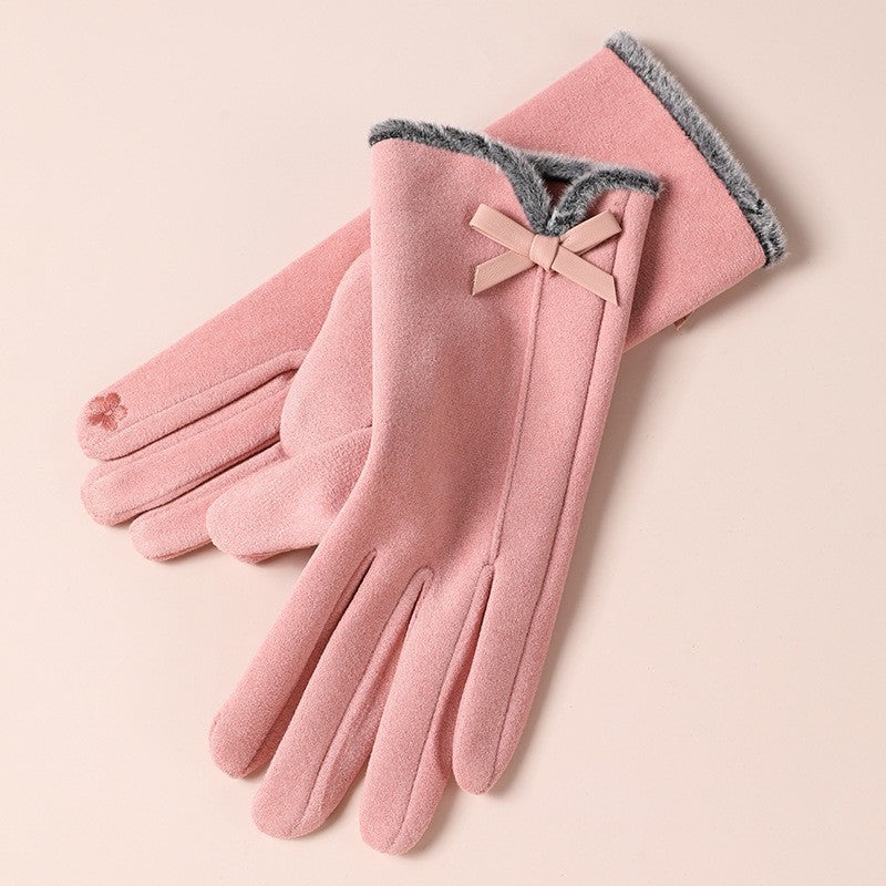 Women's Cute Bow Fleece-lined Thickened Driving Biking Gloves