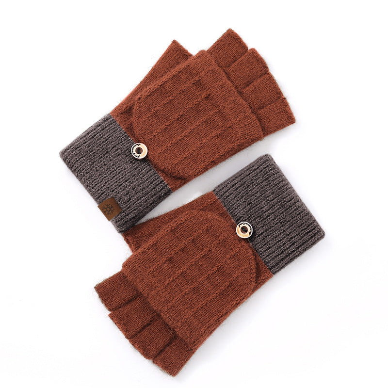 Women's Half Finger Flip Knitted Winter Cute Fleece-lined Outdoor Warm Gloves