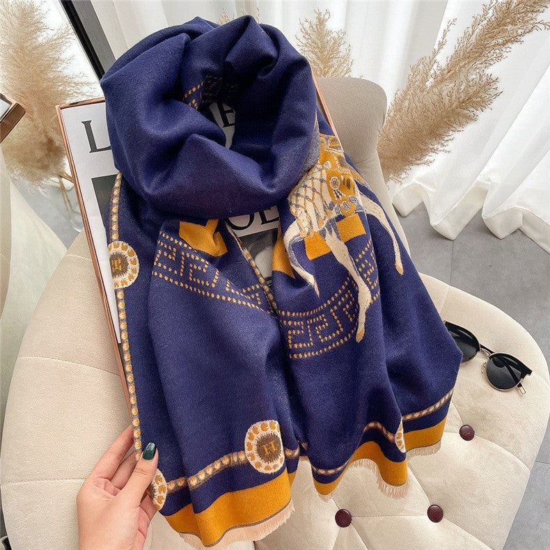 Women's Version Retro Ethnic Style Blue Bird Winter High-grade Scarfs