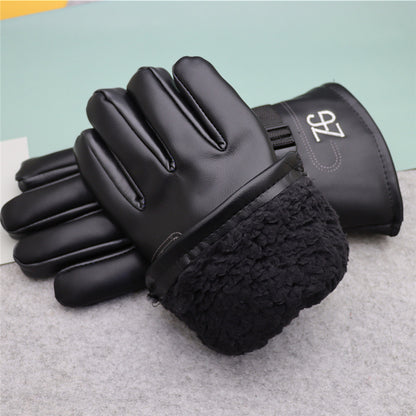 Men's Leather Thickened Version Long Veet Lining Warm Cycling Gloves