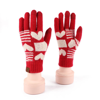 Wool Knitted Plaid Fleece-lined Thickened Cycling Five-finger Gloves