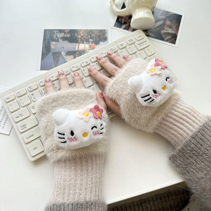 Half Finger Cartoon Knitted Bracers Thick Gloves