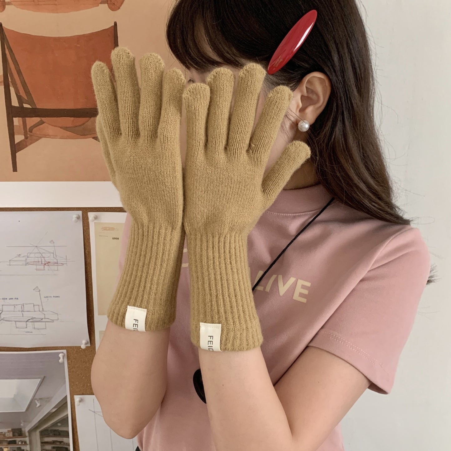 Women's Korean Solid Color Knitted Wool Touch Gloves