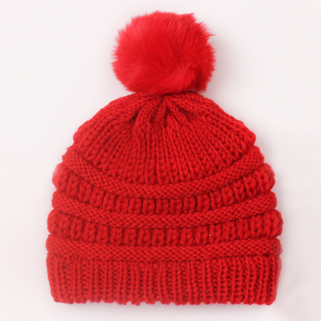 Children's Knitted Sleeve Fur Ball Warm Hat Kids' Headwear