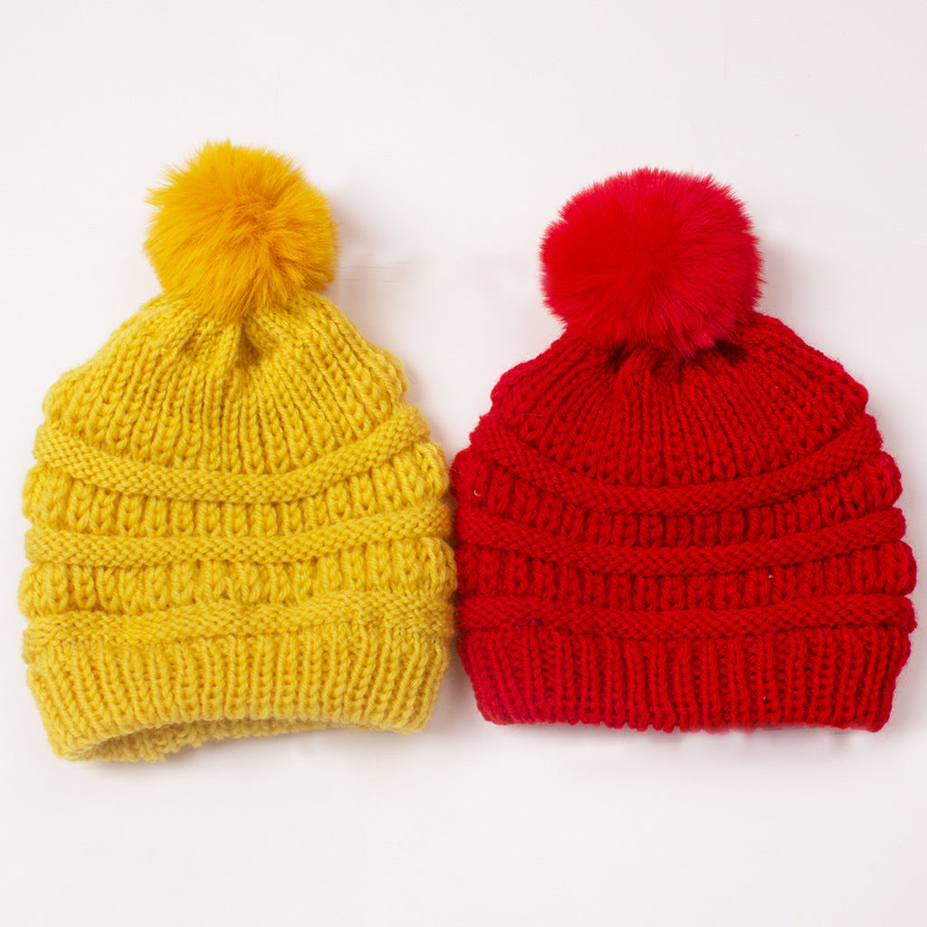 Children's Knitted Sleeve Fur Ball Warm Hat Kids' Headwear